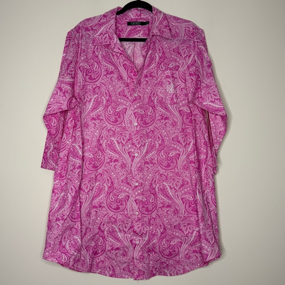 LAUREN RALPH LAUREN Pink Barbiecore Monogrammed Preppy Buttondown Shirt Dress